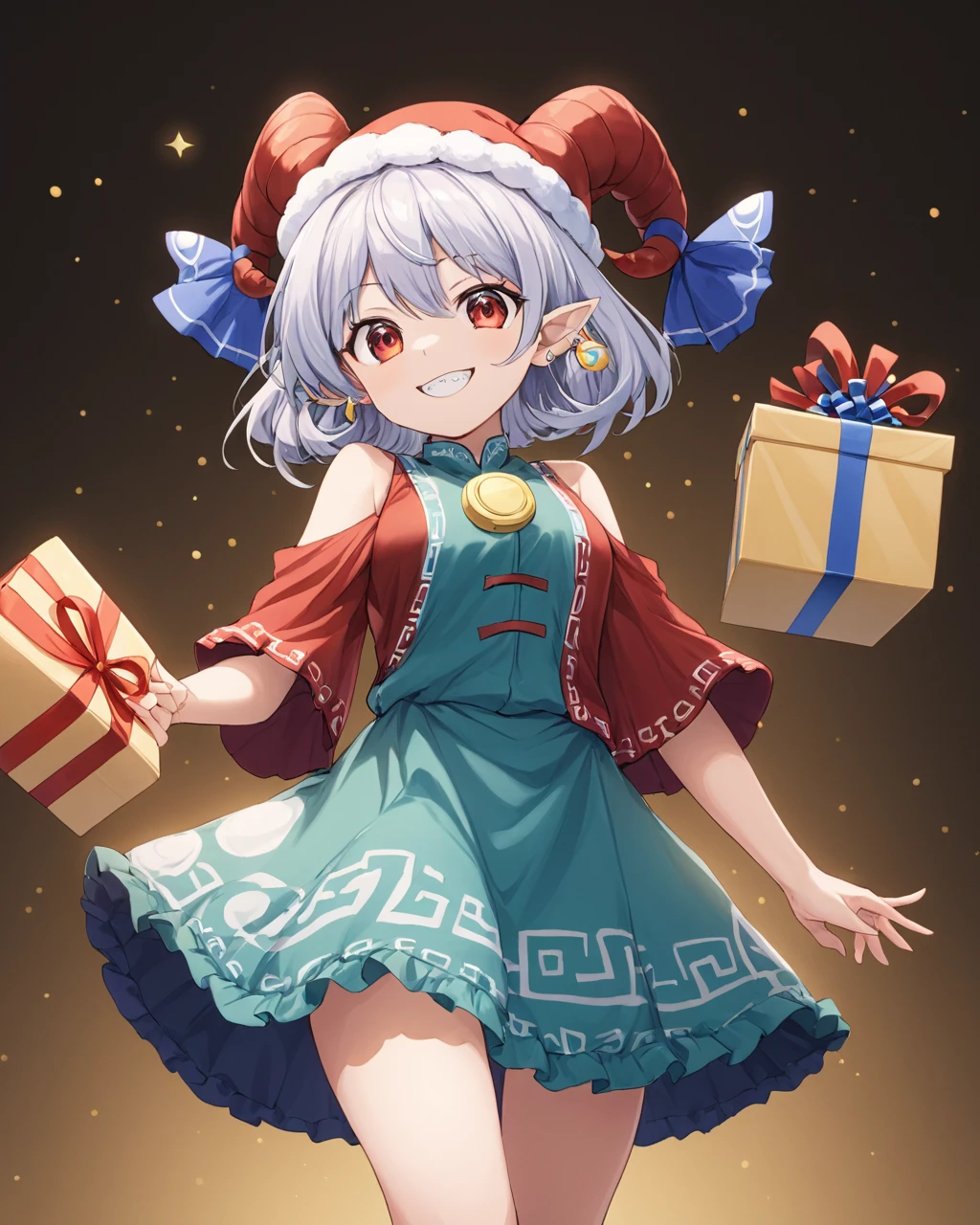 toutetsu yuuma,1girl, sharp_teeth, red_horns, gift_box, sheep_horns, santa_hat, santa_costume, solo, earrings, dress, grin, christmas, red_sleeves, horn_ribbon
<lora:toutetsu_yuuma_image1106_2023-12-20-000014:1>,star-shaped_pupils,symbol-shaped_pupils,. gorgeous,key visual, vibrant, studio anime,award-winning, professional, highly detailed,high budget, cinemascope