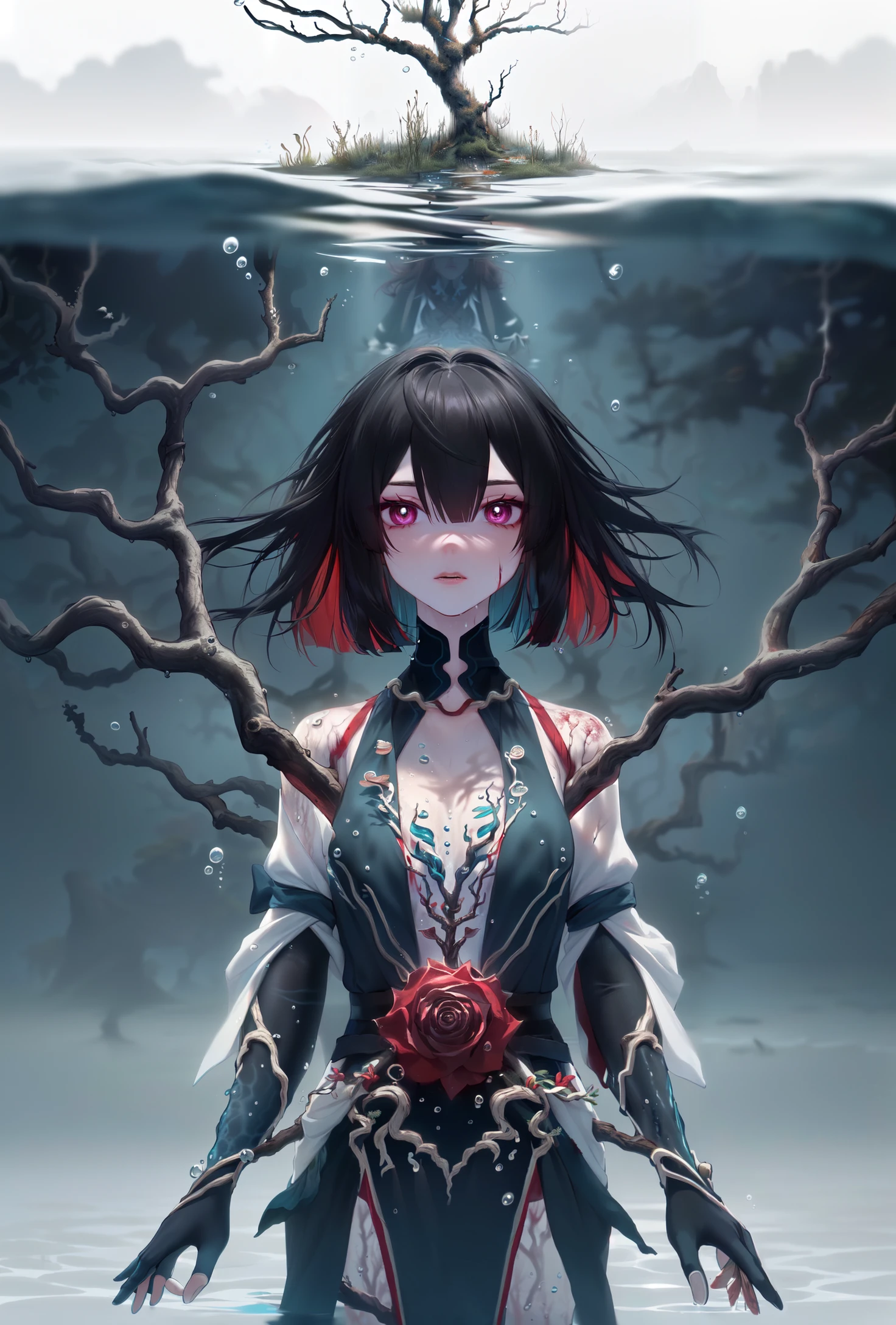 8k, best quality, masterpiece, (ultra-detailed:1.1), (high detailed skin), solo, solo focus, horror (theme), blood on body, blood on face, pale skin, painful face, 
<lora:æ¯æ1:1.1:lbw=MIDD>, 1 girl, looking at viewer, This picture depicts a surrealistic image of a woman blending with natural elements. woman floating at the bottom of the sea, (Deep water, water, underwater:1.4), (her hair gradually turning into branches and twigs of a tree:1.2), (her body and hair gradually turning into branches and twigs of a tree:1.4), 
<lora:xueyi-yz-v100:0.8:lbw=OUTALL>, xueyi, 1girl, short hair, black hair, multicolored hair, jewelry, colored inner hair, thighhighs, multicolored eyes, red hair, white thighhighs, 
death following me, 
------, 
Low saturation, grand masterpiece, Perfect composition, film light, light art