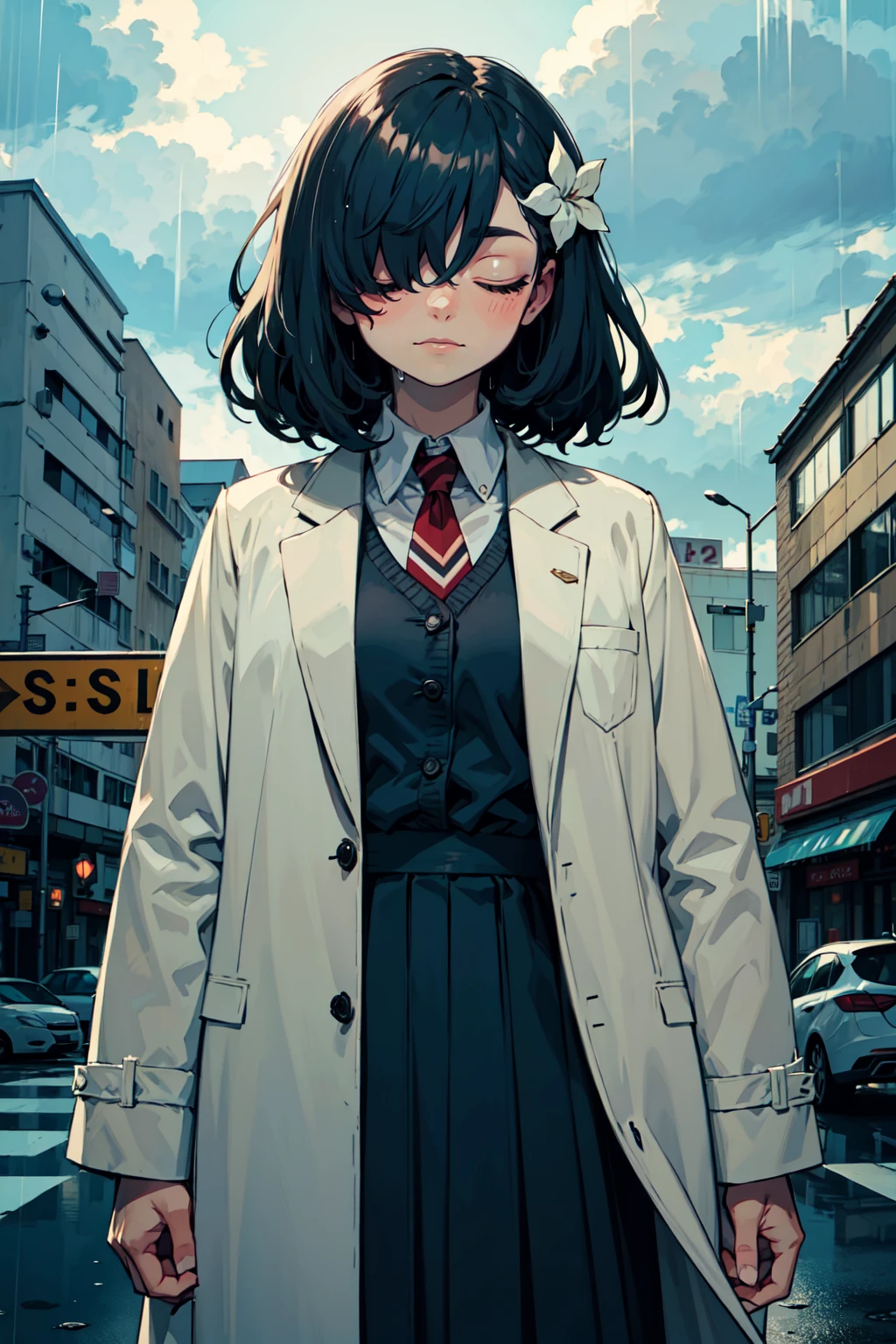 milf female,     hair, hair ornaments,   hair completely covering eyes,     skinny body,     lovely small breasts,    white very long coat, white school uniform, white very long pleated skirt, BREAK  (parking zone:1.2), rain, rainy, raining, heavyrain, cloudy, clouds, dark,  (best quality:1.1),