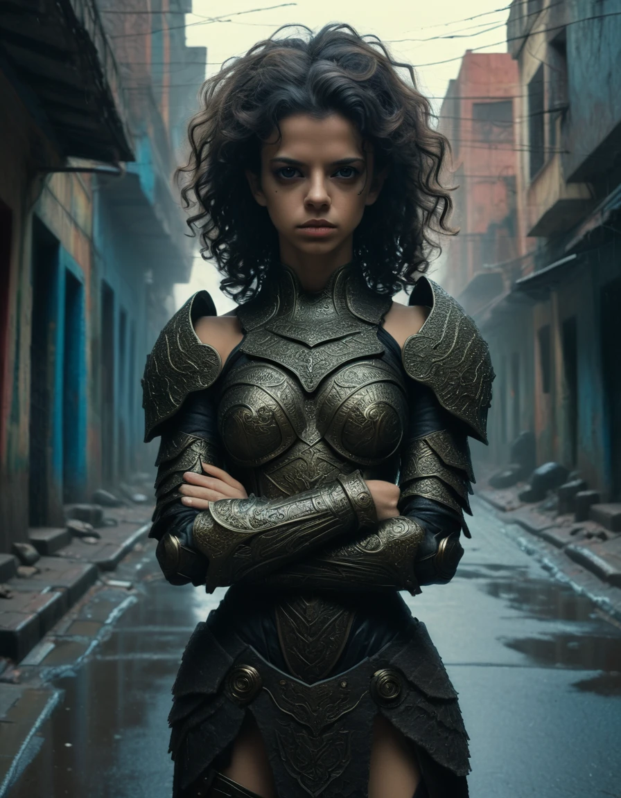 an overexposed close-up with cold lighting, captured by zdzislaw beksinski; it is showcased a honduran, adult, and strong ((lindaxl4)), having a dark-haired curls hairstyle and a chiseled face; wearing a dark fantasy armor suit with mystical details; waiting with his arms crossed amidst a bangladesh street.