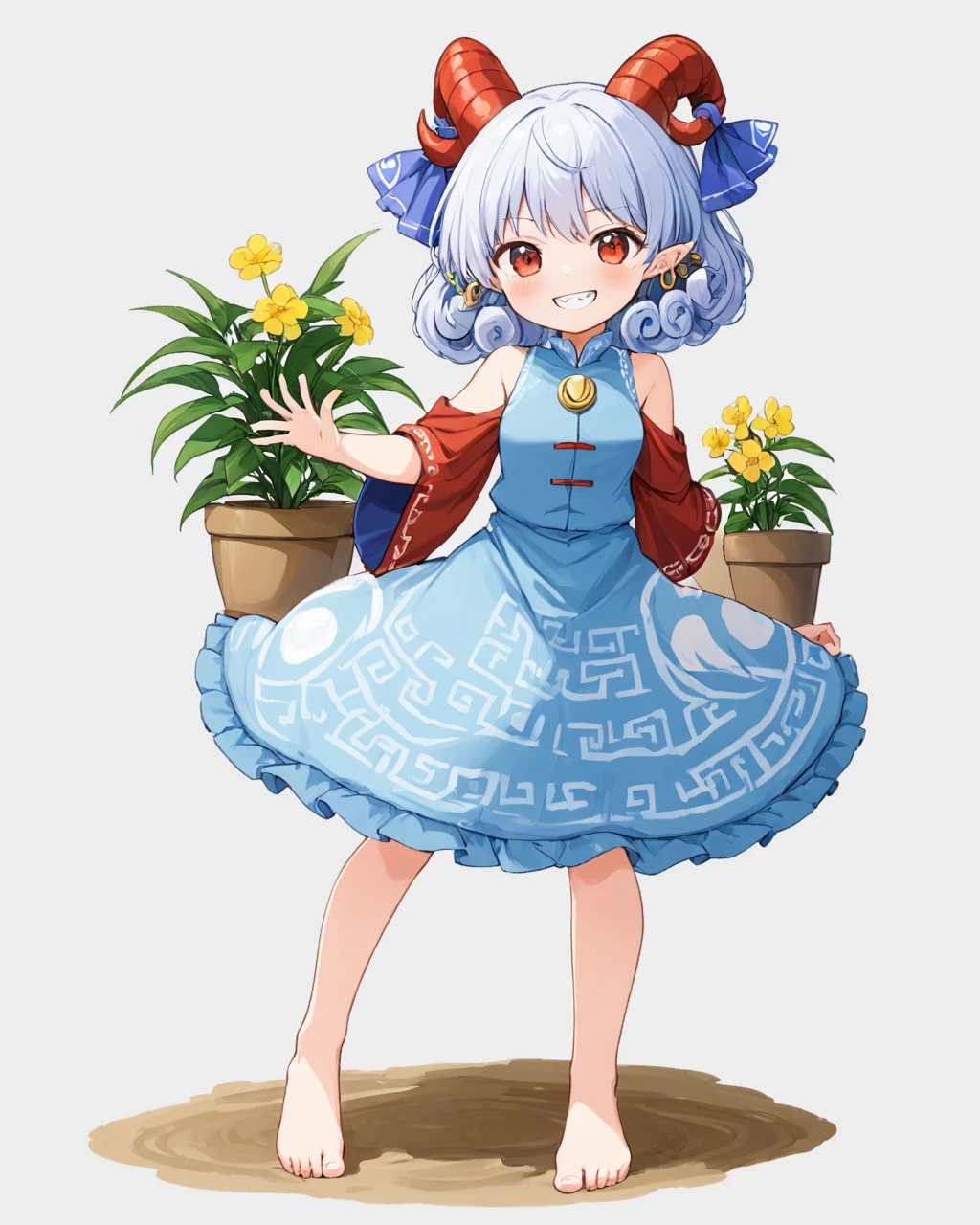toutetsu yuuma,1girl, red_horns, solo, barefoot, blue_dress, sheep_horns, earrings, horn_ribbon, signature, sharp_teeth, full_body, blush, grin, white_background, simple_background, bare_shoulders, potted_plant, red_sleeves, curled_horns, flower_pot, detached_sleeves
<lora:toutetsu_yuuma_image1106_2023-12-20-000014:1>,star-shaped_pupils,symbol-shaped_pupils,. gorgeous,key visual, vibrant, studio anime,award-winning, professional, highly detailed,high budget, cinemascope
