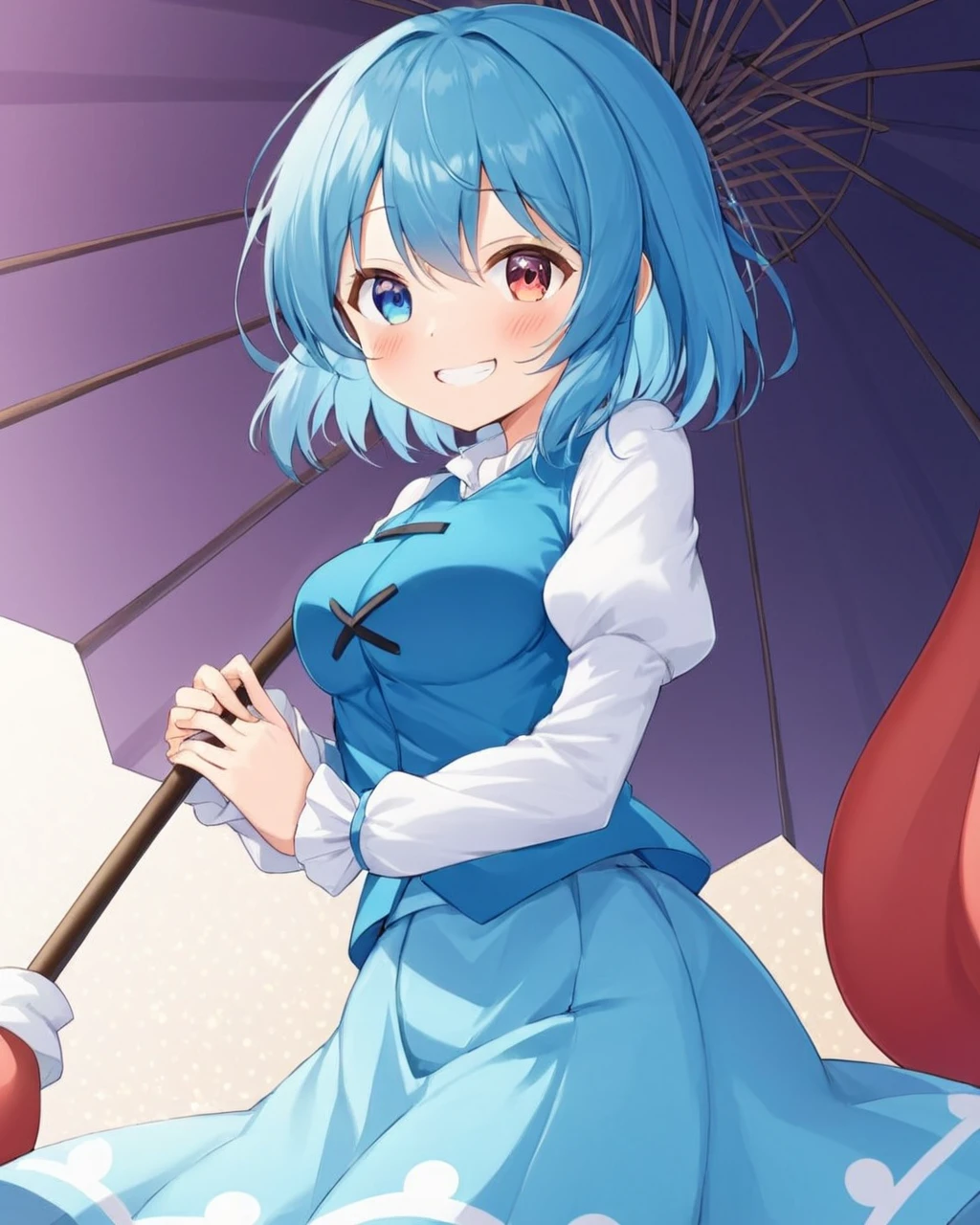 tatara kogasa,1girl, heterochromia, solo, blue_vest, holding_umbrella, blue_skirt, juliet_sleeves, looking_at_viewer, white_shirt, grin, blush, karakasa_obake, cowboy_shot, breasts, cross-laced_clothes, purple_umbrella
<lora:tatara_kogasa_image6022_2023-12-20-000007:1>,star-shaped_pupils,symbol-shaped_pupils,. gorgeous,key visual, vibrant, studio anime,award-winning, professional, highly detailed,high budget, cinemascope