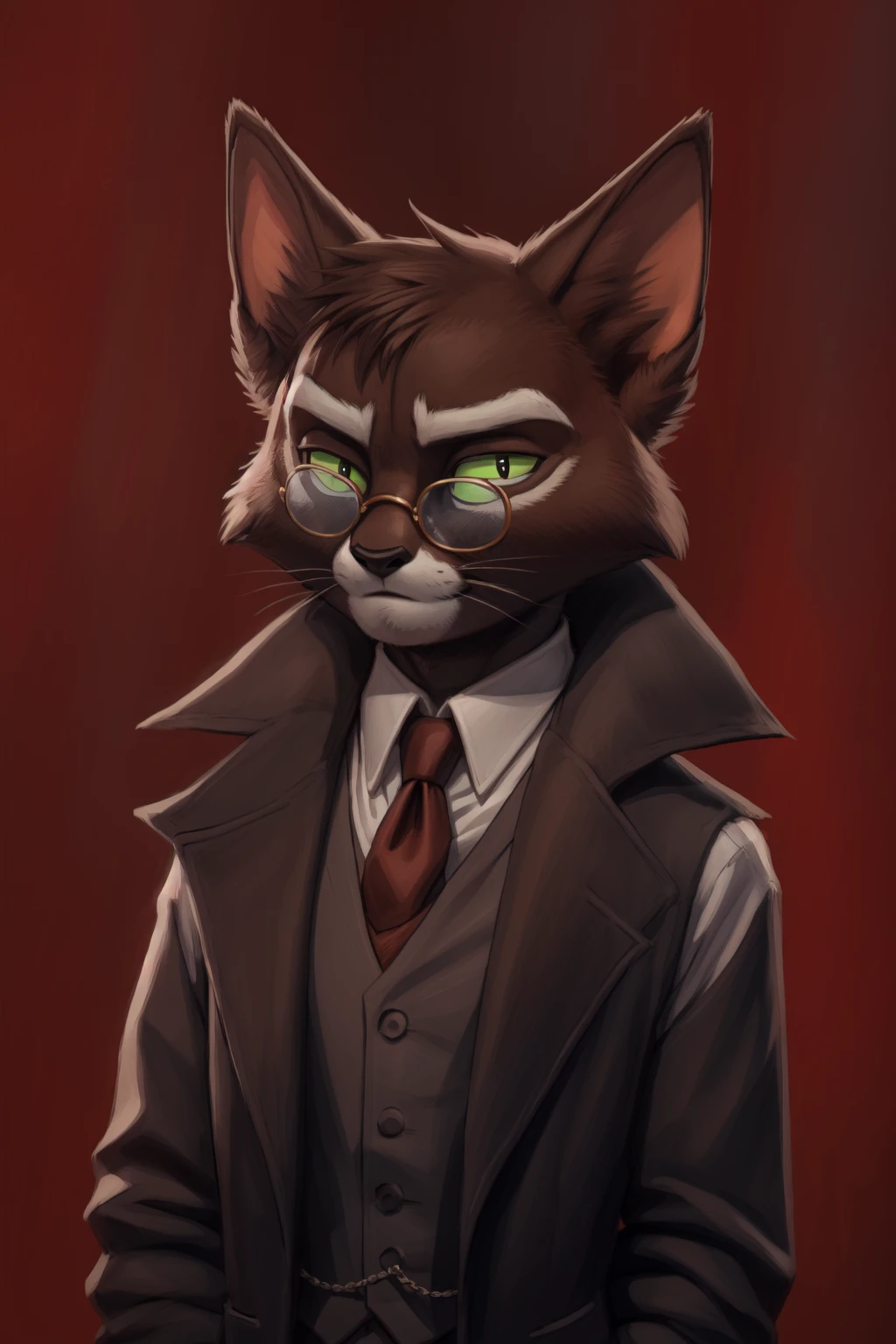 <lora:mordecai-09:0.9>, mordecaiheeler, solo, green sclera, (posing:1.3), (soft shading), 4k, hi res, five fingers, detailed hands, ((detailed face, (detailed eyes, brown), detailed)), by zackarry911, by zaush, (by personalami:0.5), solo, looking at viewer, smile, shirt, 1boy, white shirt, upper body, male focus, necktie, glasses, collared shirt, vest, coat, formal, thick eyebrows, suit, red necktie, red background, portrait,
