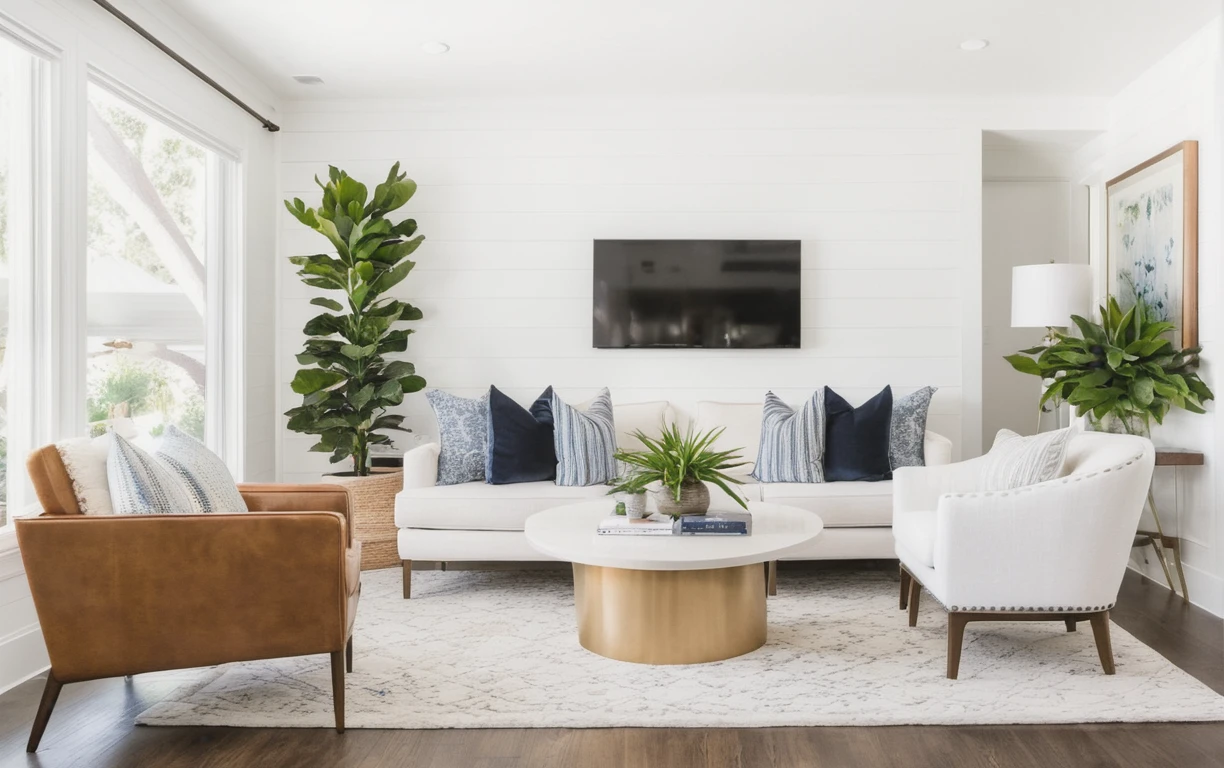 Interior Photography, Professional Photography, Modern living room, Luxurious living, Live plants, Shiplap, Crisp, White, Professional, HGTV
