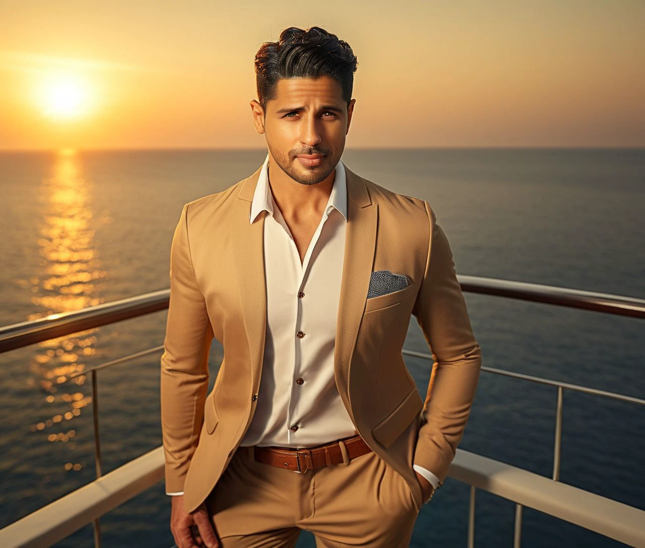 Nautical-themed (Photo:1.3) of (Ultrarealistic:1.3) <lora:Man_Men_FFashion:1> lvaro Morata a man <lora:sid-mal_lvaro-Morata:1> in a tan suit standing on a balcony, sun behind him, inspired by Pablo Munoz Gomez, shot at golden hour, editorial photograph, midshot of a hunky, by Roman Bezpalkiv, by Artur Tarnowski, maxim sukharev, by Gabor Szikszai,Highly Detailed,(Mono Color:1.3) . Sea, ocean, ships, maritime, beach, marine life, highly detailed