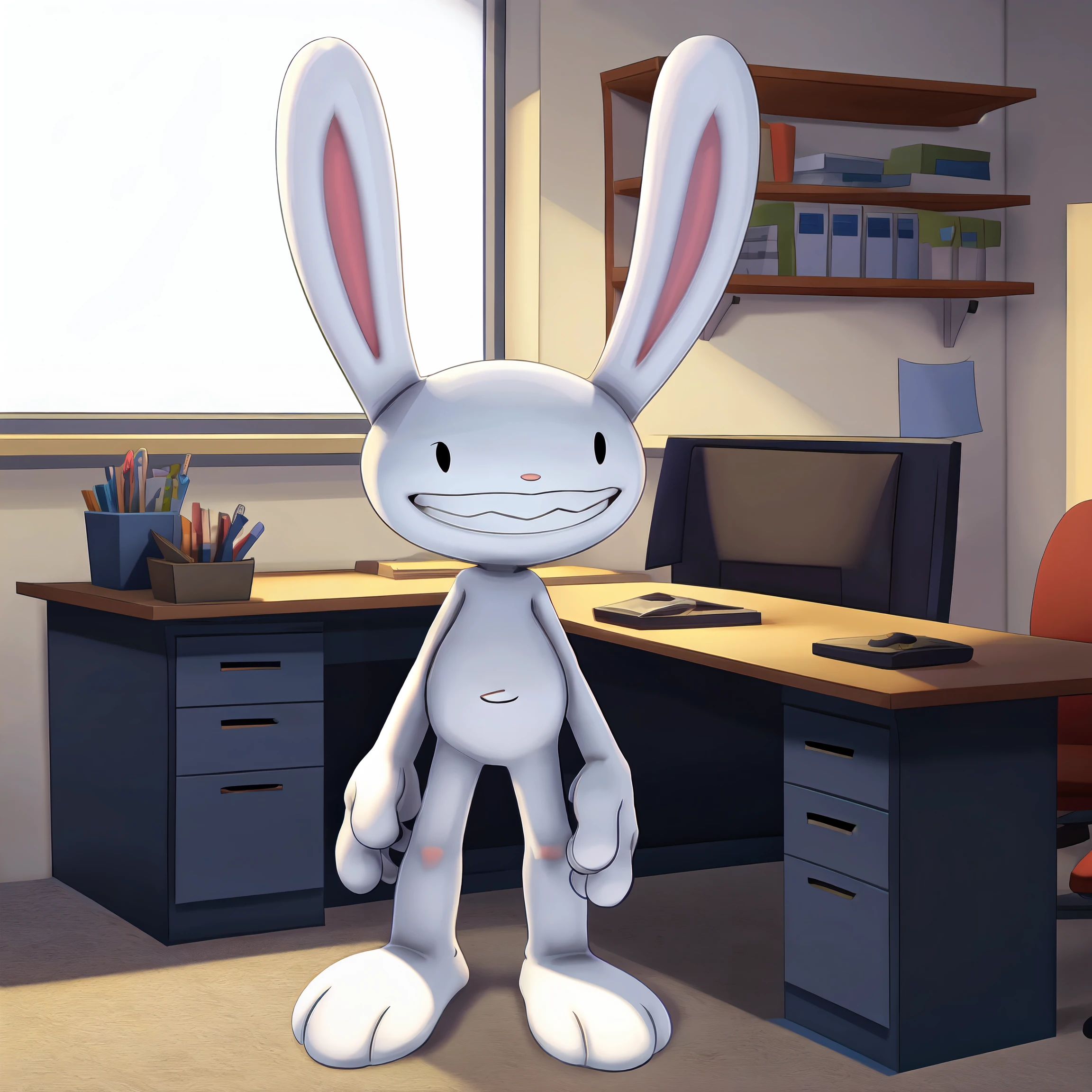 (masterpiece, high quality, best quality:1.2), max /(sam and max/), 3 toes, 4 fingers, office  concept art  . digital artwork, illustrative, painterly, matte painting, highly detailed