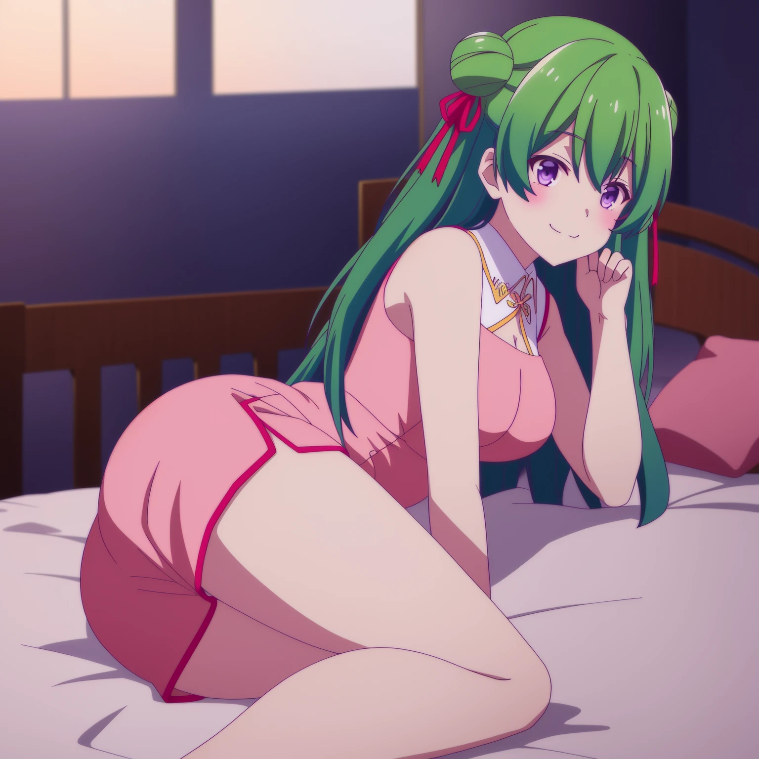 Mongfa,casual suit,solo,looking at viewer,smile,light blush,lying,on bed,bare legs,