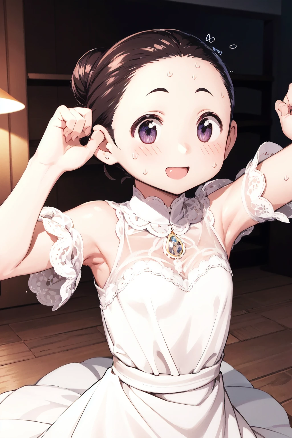 <lora:0 SJPwatari:1>,sjpwatari,dancing,dress,blush,sweat,single bun,forehead,seductive_smile,