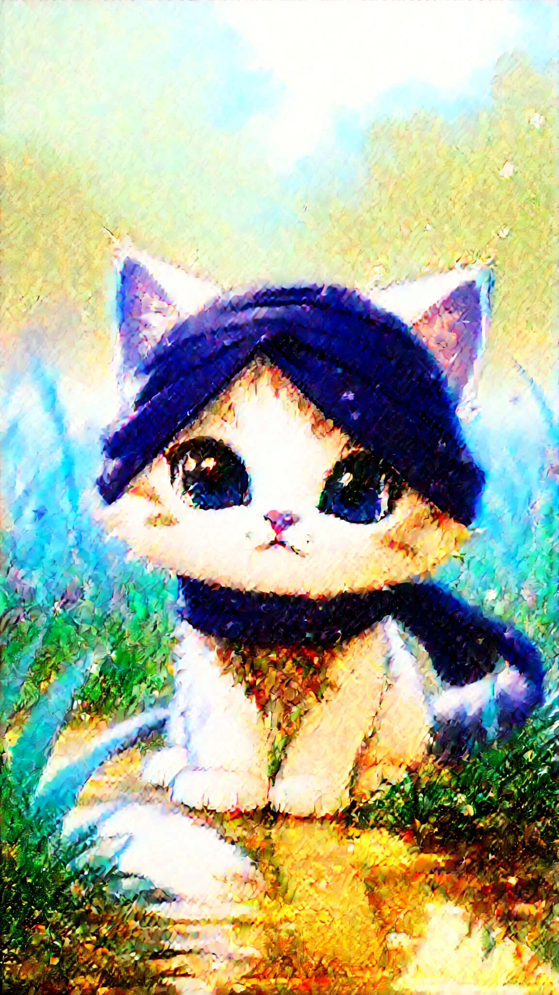 chibi, masterpiece, best quality, original, official art,1cat,red scarf, grass, blurred background, cartoon rendering, beautiful detailed glow, (detailed ice), beautiful detailed water, and I want the Disney Pixar style in a white background painted by watercolor, anime style