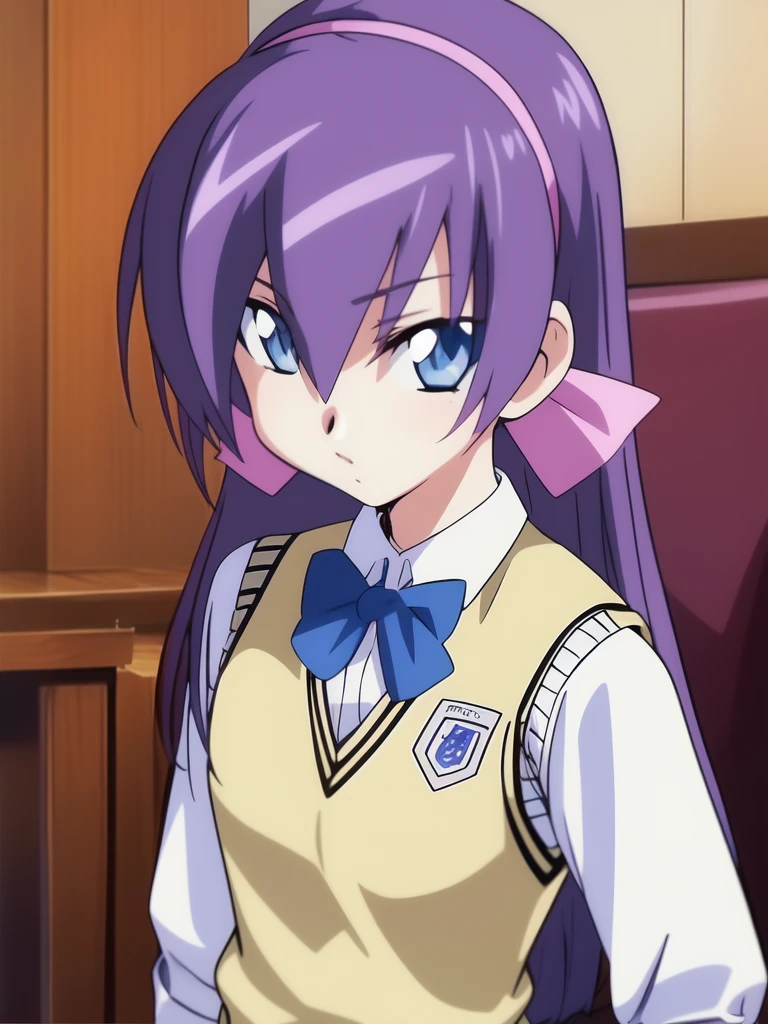<lora:Lou_Roux:1>, Lou Roux, 1girl, solo, blue eyes, long hair, purple hair, bow, ribbon, school uniform, sweater vest, hair ribbon, bowtie, long sleeves,
masterpiece, high quality, very_high_resolution, large_filesize, full color,