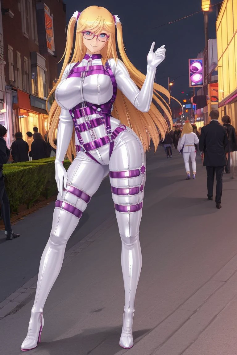 high resolution, masterpiece, high quality, perfect face, <lora:Shizuru-Spysuit:.9> Shizuru, (white spysuit), body harness, purple gloves, glasses, blonde hair, large breasts, seductive smile, city streets at night time, extremely glossy