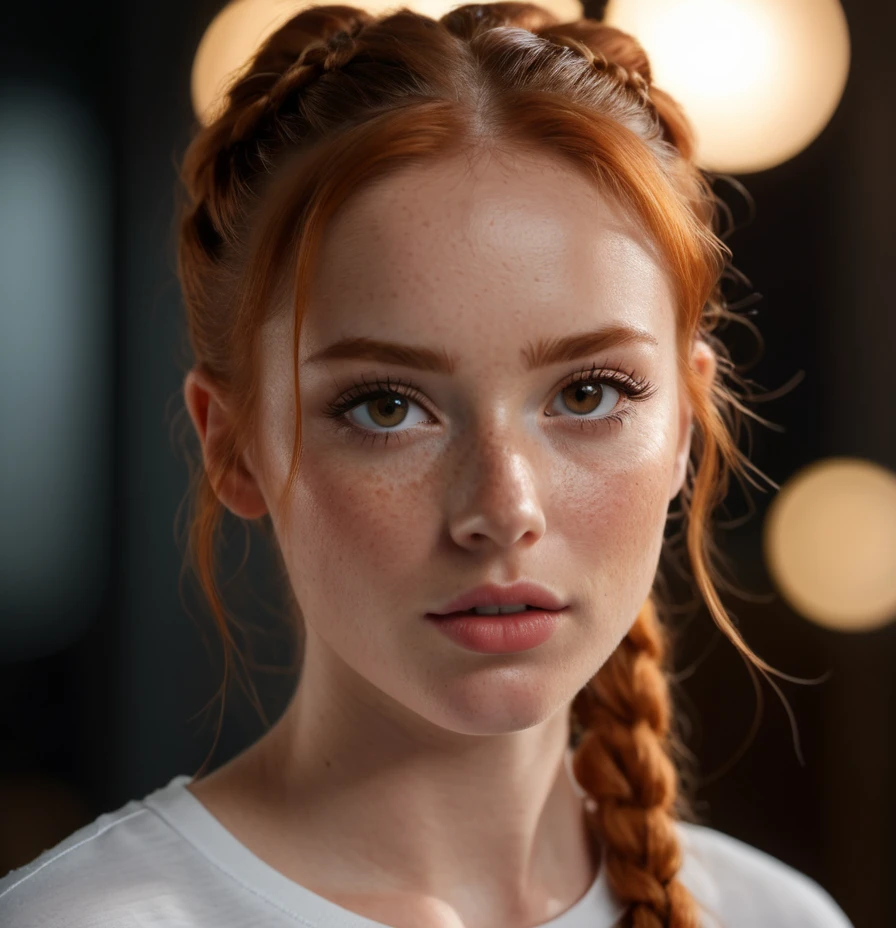 photo,8k,sharp focus,beautiful woman,close up,t-shirt,(detailed eyes:0.8),(looking at the camera:1.4),(highest quality),(best eyeshadow),brown eyes,rim lighting,two tone lighting,dimly lit,low key,intricate details,interior,ponytails,ginger hair:1.3,open mouth:0.7,freckles, photo, (realistic:1.3), 8k,