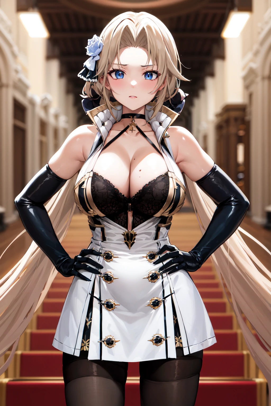 masterpiece, best quality, highres, aakron, very long hair, low twintails, hair ornament, black choker, high collar, cleavage, white dress, sleeveless, elbow gloves, black gloves, black pantyhose, <lora:kronshtadt_v1:0.7>, standing, indoors, hand on hip,