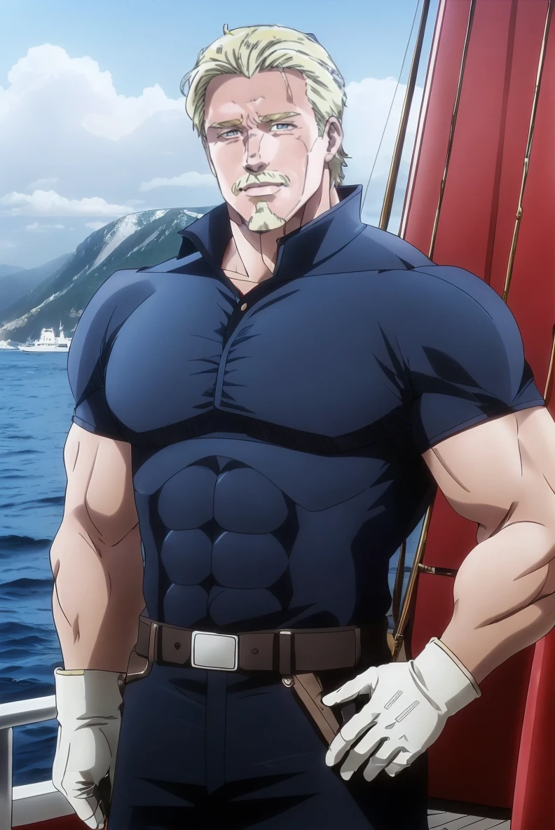 (RAW photo), <lora:Captain Tenille:0.6>, muscular ship captain, boat deck, gloves, blond hair, short hair