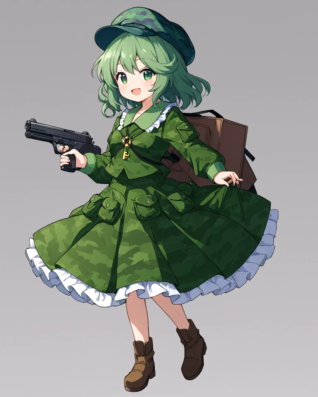 yamashiro takane,1girl, solo, boots, flat_cap, open_mouth, brown_footwear, backpack, green_headwear, key, green_dress, smile, camouflage_jacket, green_skirt, holding_gun, full_body, frills, camouflage_headwear, long_sleeves, grey_background, skirt_set, shirt
<lora:yamashiro_takane_image489_2023-12-20-000015:1>,star-shaped_pupils,symbol-shaped_pupils,. gorgeous,key visual, vibrant, studio anime,award-winning, professional, highly detailed,high budget, cinemascope