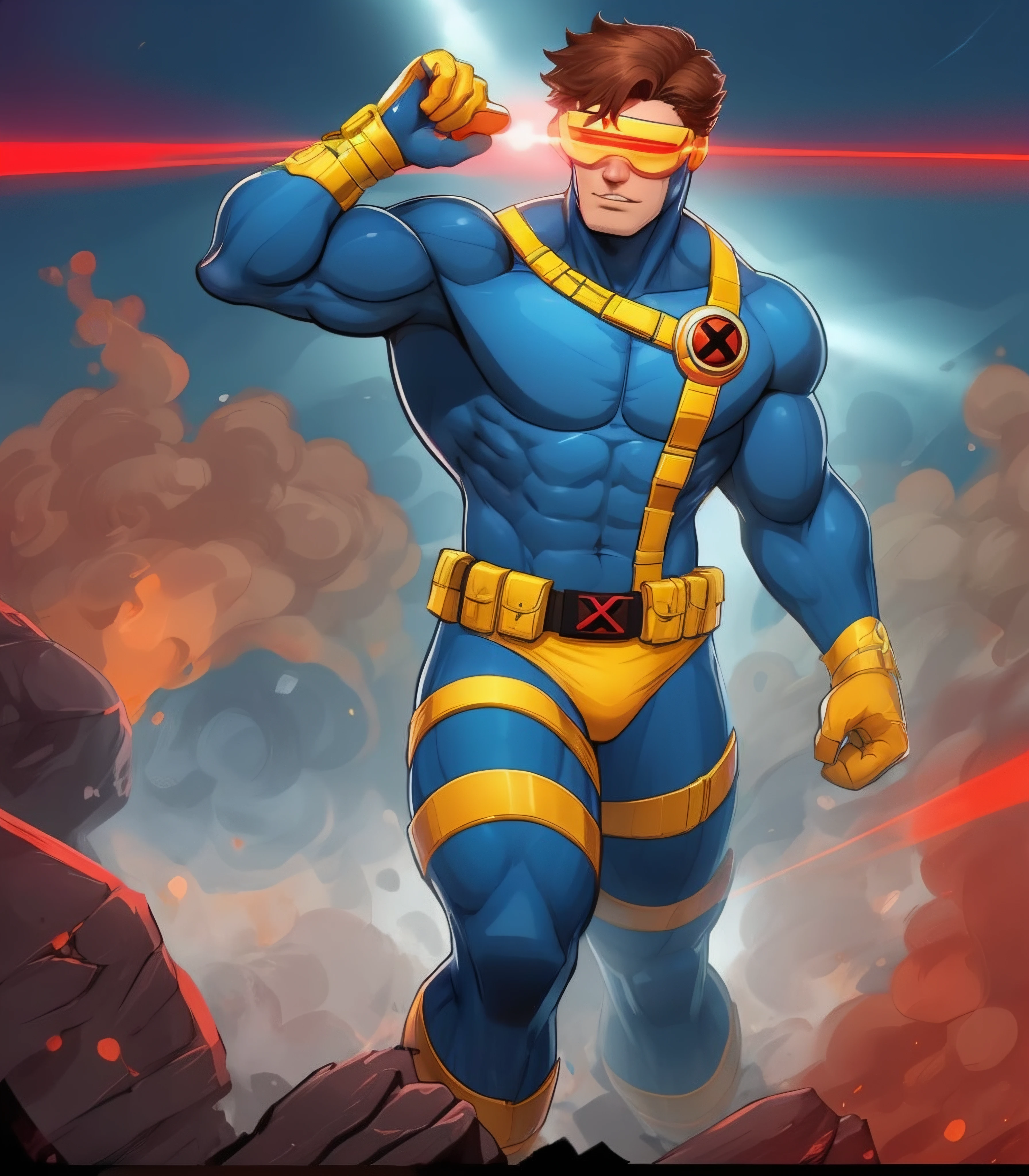 <lora:XMen-SSCyclops:0.7>, male, yellow underwear, blue suit, cyclops, body, x-men, red glasses, laser glasses, masterpierce, super heroes, movie scene, Cartoon style, cartoon style