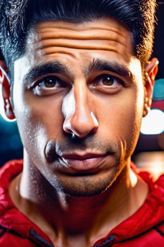 lvaro morata a man <lora:sid-mal_lvaro-Morata-000002:1>, realistic photo in a worn ((skin-revealing skimpy erotic red tracksuit, massive hairy pecs)), abs, big pecs, big arms, bulge, VPL, ((light bokeh)), intricate, (steel metal [rust]), elegant, erotic, exuding sexual energy, homoerotic, sharp focus, photo by greg rutkowski, soft lighting, vibrant colors, (masterpiece), ((streets)), (detailed face), looking at viewer, light smile, night, walking towards viewer, cinematic lighting, beautiful lighting, cinematic lighting, (hazy filter, film grain:1.2)