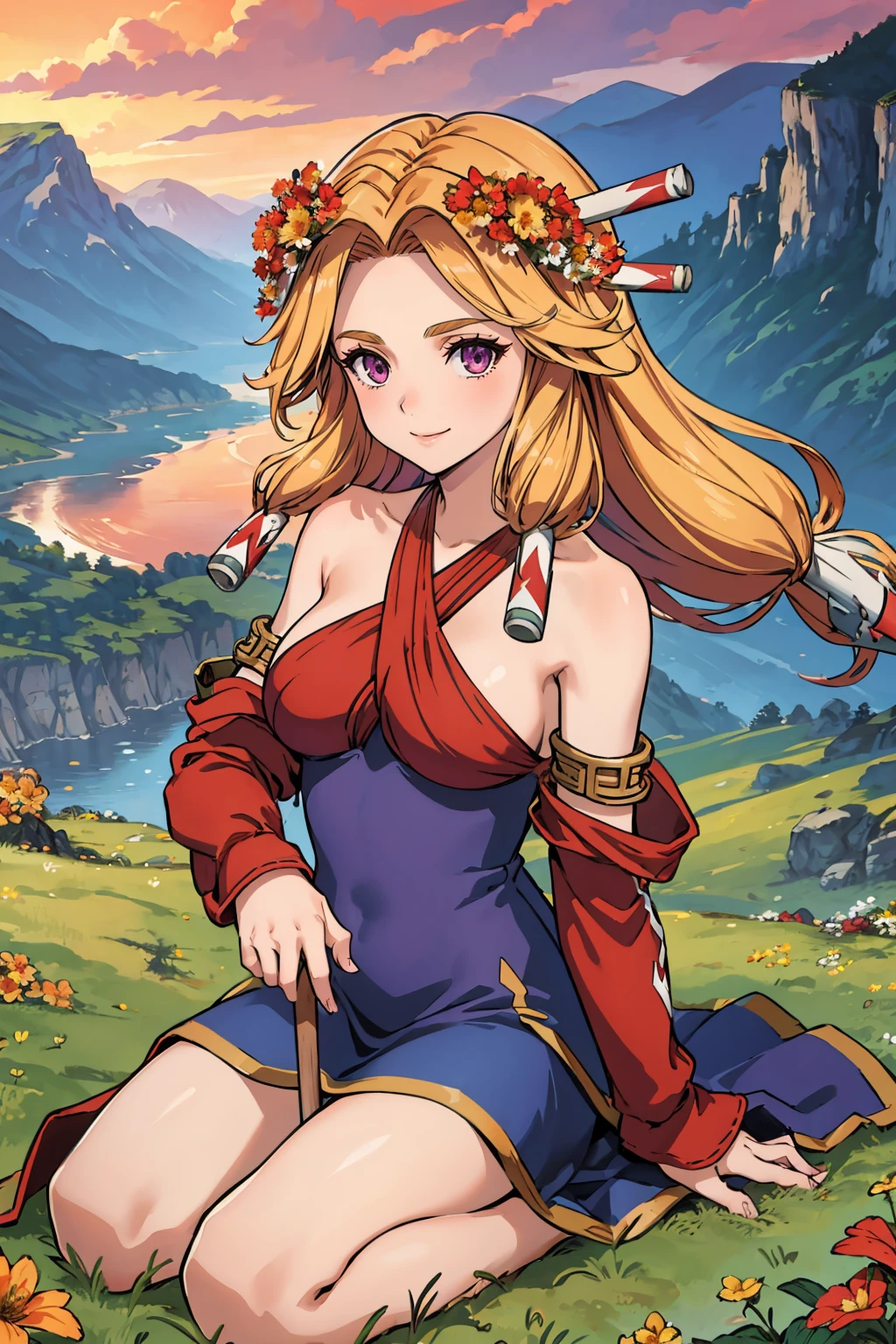 masterpiece, best quality, <lora:lomimu-nvwls-v1-000009:0.9> lomImu, hair ornament, halterneck, criss-cross halter, dress, detached sleeves, cliffs, mountains, field, landscape, holding spear, red sky, looking at viewer, seiza, from above, flowers, on ground, grass, smile, head wreath, purple eyes