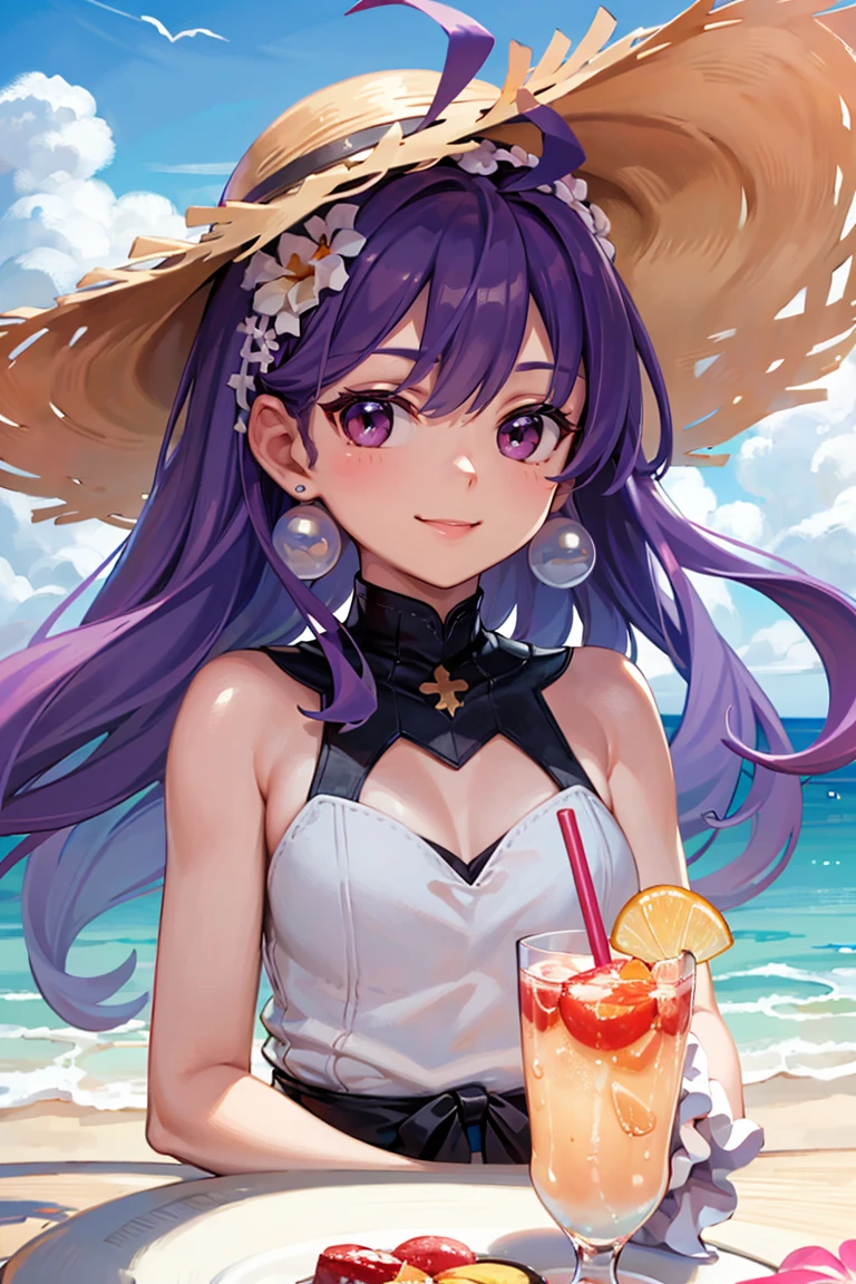((masterpiece,best quality)), absurdres, <lora:Dark_Eclair_Anime:0.8>, Dark_Eclair, ahoge, long purple hair, smile, sitting at table, vivid detailed tropical drink, two straws, white sundress, sun hat, flowing winds, sunny, outdoors, upper body,
