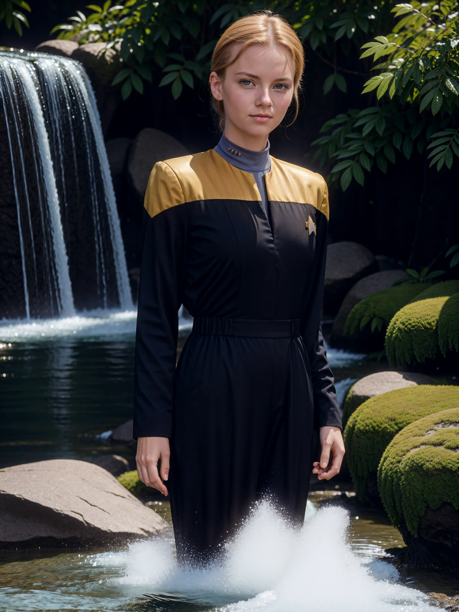 young finnish woman in voyunf gold and black uniform near waterfall,RAW Photo, 8k uhd, dslr, soft lighting, high quality, film grain, higly detailed face,ultra detailed,masterpiece quality,Fujifilm XT3<lora:VoyuniformUltimate-000212:0.8>