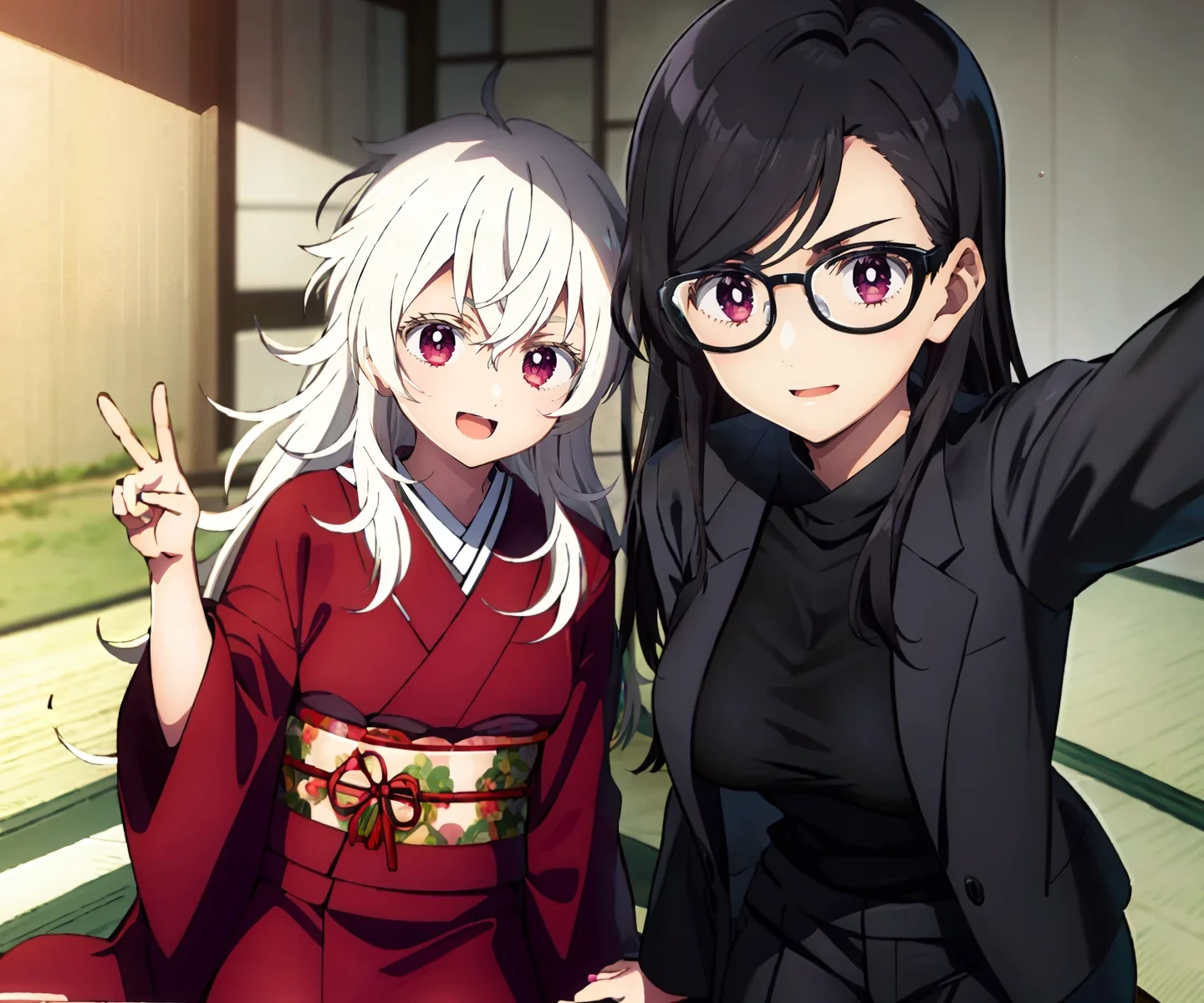 (2girls:1.3) ,sitting, indoors,japanese,tatami,
BREAK
<lora:haine-hiruko32-000013:0.7>haine,red kimono,shadow,smile,open mouth,v, peace sign
BREAK
<lora:1åæ¹æ¥é¹¤minakatahizuru:0.7>minakatahizuru, black hair, (purple eyes:0.7), (black-framed eyewear:1.1),large breasts, Black suit pants, Black T-shirt, Black suit jacket,(light smile:0.8), (selfie:1.2),closed mouth,