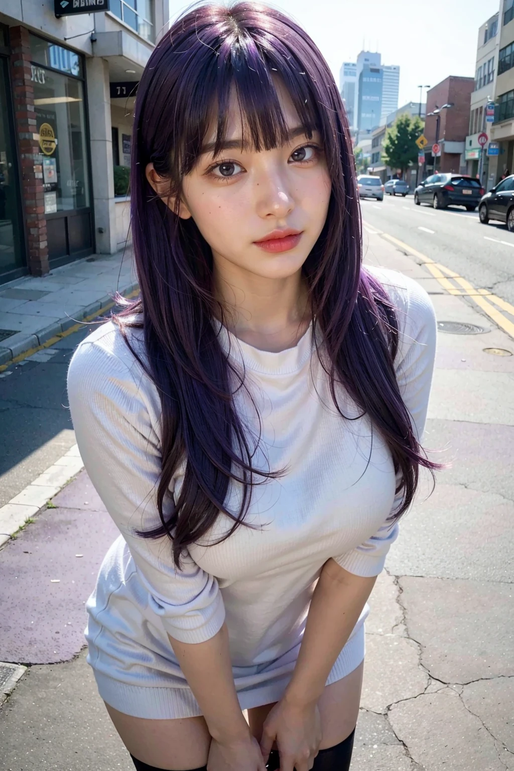 (8k, RAW photo, best quality, masterpiece:1.2), (realistic, photo realistic:1.3), UHD, high detail color photo, extremely detailed CG unity 8k wallpaper,  sharp focus, (realistic skin), perfect anatomy, (cinematic lighting), glossy lips,
BREAK
street, standing, (cute lady), ((violet hair:1.2)), long hair, blunt bangs, black eyes, (blush), (happiness), (large breasts), white short dress, thighhighs, looking at viewer, upper body, close-up, semi smile