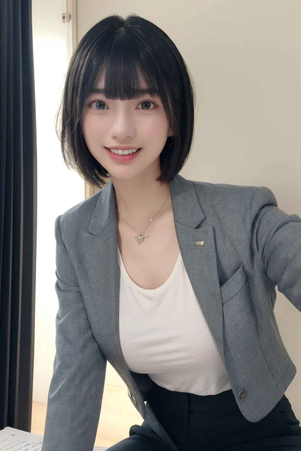 <lora:HinanoV01:1>, 1girl, short hair, bangs, small breasts, smile, best quality, masterpiece, illustration, realistic, photo-realistic, amazing, finely detail, incredibly absurdres, huge filesize, ultra-detailed, highres, extremely detailed CG unity 8k wallpaper,(Structured_blazer:1.4),(Cropped_trousers:1.3),(Pointed-toe_flats:1.2), upper body,