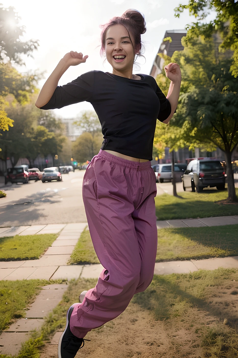 full body photo of woman jumping, wearing baggy pink wndpnts with elastic ankles and (plain black t-shirt:1.2), outside, park, natural light, sunny, <lora:wndpnts:0.8>, messy bun, laughing, bokeh, depth of field,