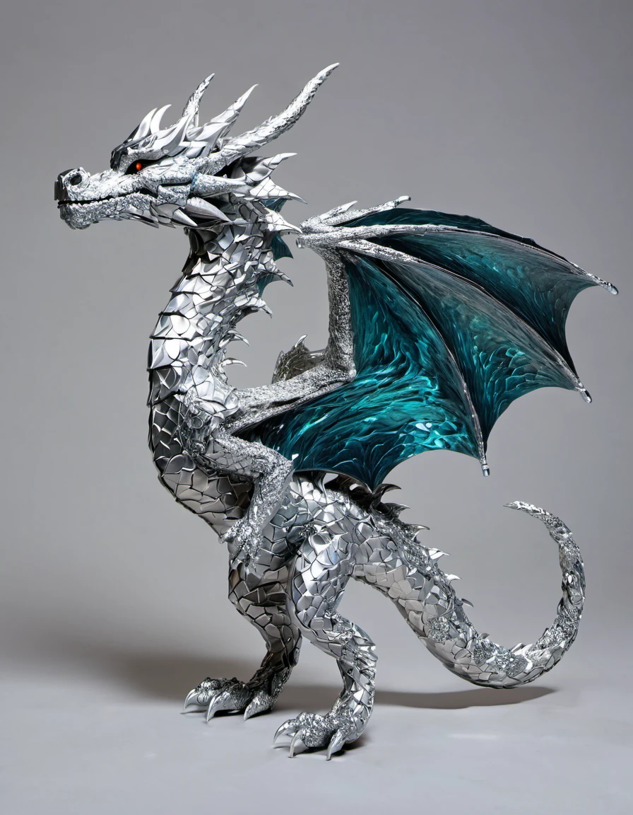A majestic silver dragon, sculpted from crumpled and textured aluminum foil, emerges from a swirling vortex of shimmering nebulae. Its sinuous form gleams under the ethereal glow of distant stars, emphasizing the intricate hatching patterns etched into its metallic scales. In full body profile, the dragon's powerful hind legs grip the jagged edge of a floating asteroid, its long, sinuous tail vanishing into the cosmic abyss. From this side view, the dragon's piercing gaze, reflecting the distant starlight, pierces through the endless black. Though crafted from humble aluminum, its presence resonates with the ancient energy of the cosmos
<lora:TinFoilXL:1>
<lora:FILM_PHOTOGRAPHY_STYLE:.25>