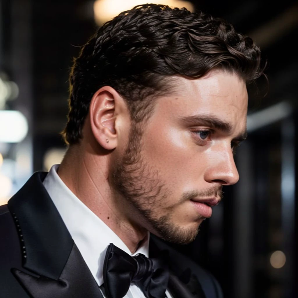 face portrait of guskenworthy person using a tuxedo, in blade runner, professional photography, high resolution, 4k, detailed photo, <lora:guskenworthy_48600:1>