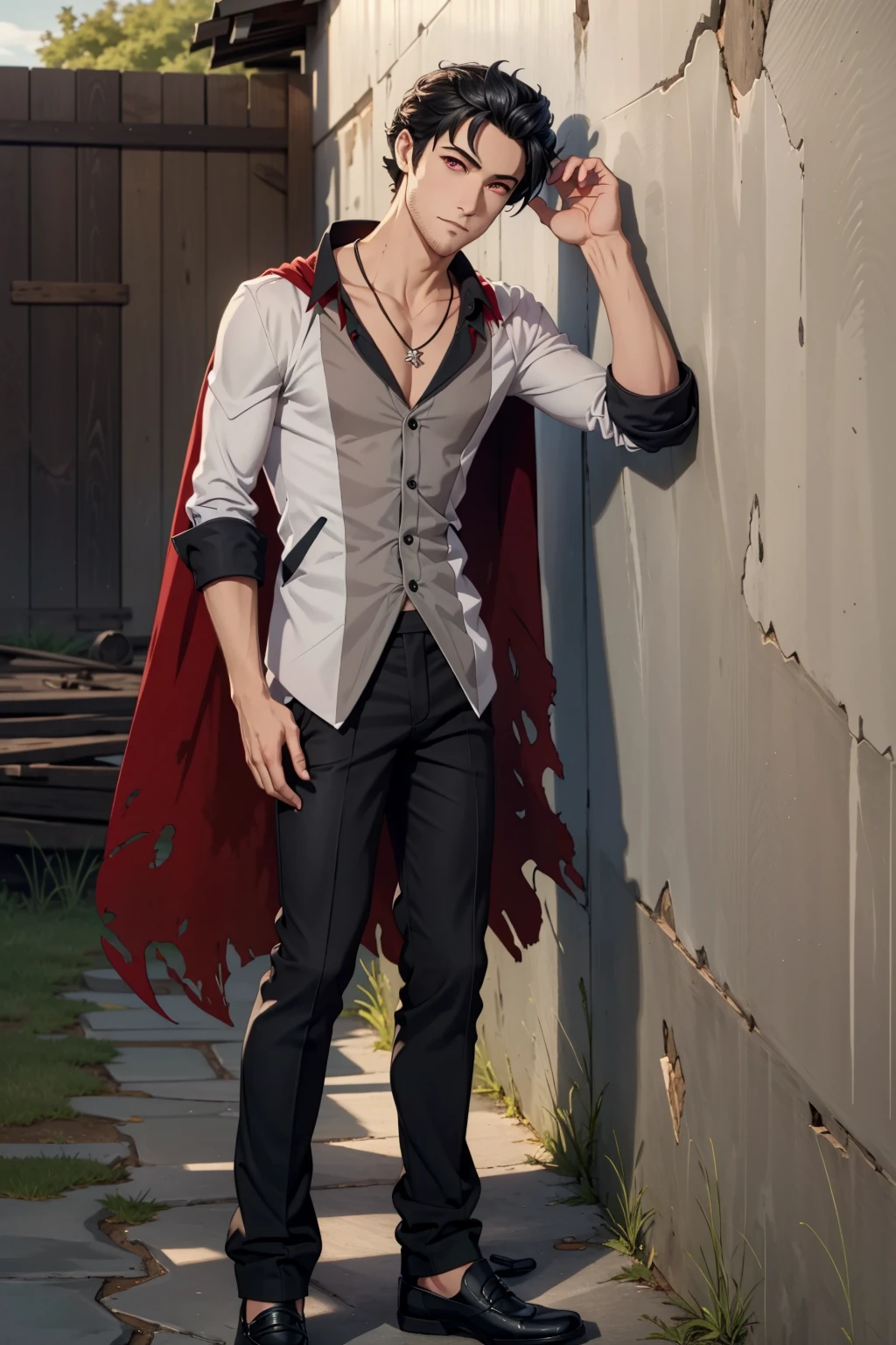 masterpiece,best quality,extremely detailed,(solo), mature male, <lora:RWBYQrow-05:0.8>,strqrow,(qrow branwen), red eyes, black hair,cape, shirt, vest, pants, stubble, full body, outdoors, shoes, leaning against wall, ruins, socks