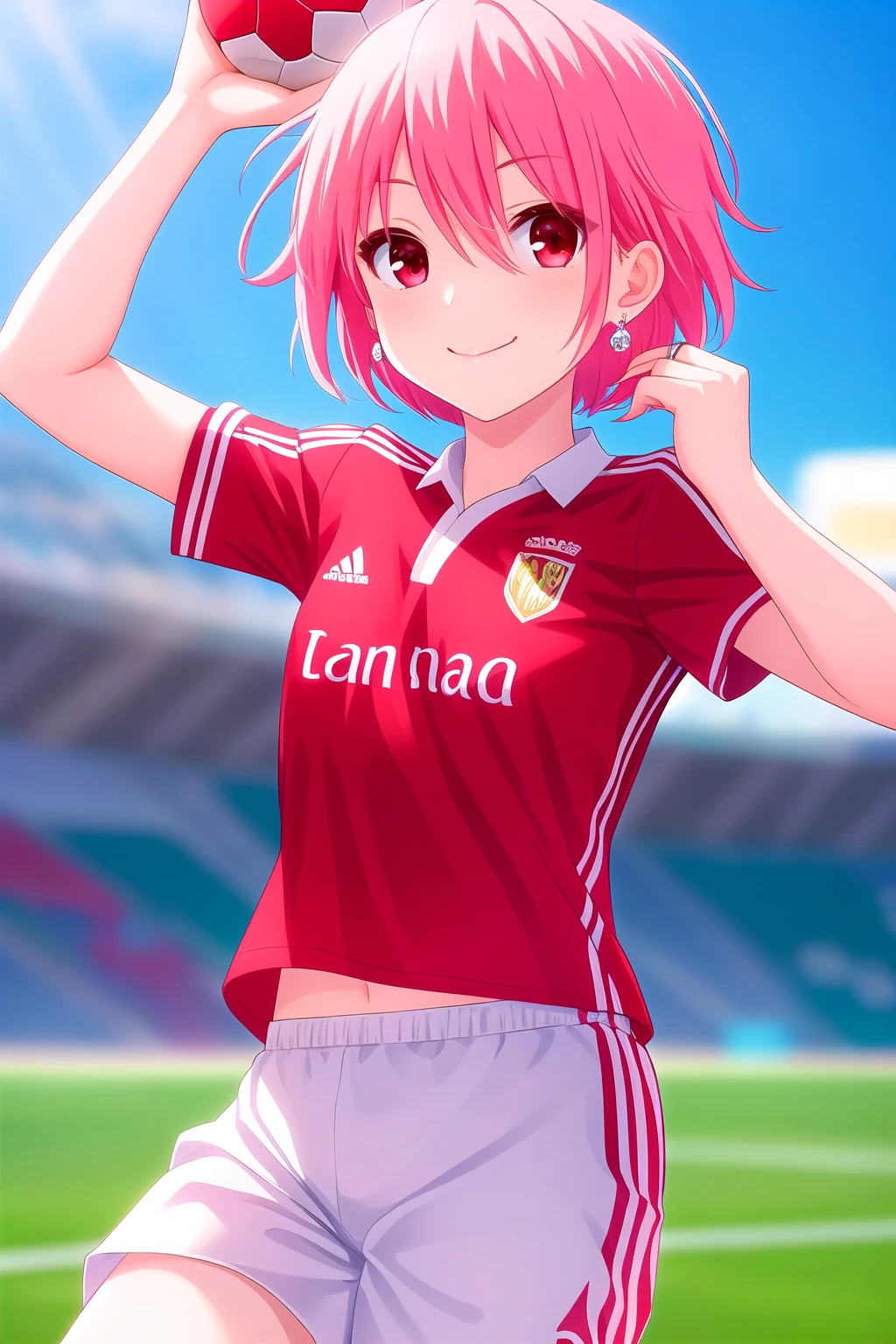 (masterpiece, best quality), highly detailed background, perfect lightingbest quality, kumadakazuha, solo, outdoors, pink hair, eyes visible through hair, earrings, short hair, red eyes, red shirt, clothes writing, white shorts, soccer uniform, smile, closed mouth, :), pink lips, <lora:Kumada-Kazuha:0.7>