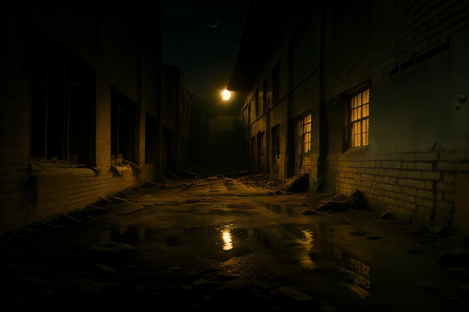 no humans,night,dark,<lora:detail_slider_v4:4>,<lora:nighttime_v1:1.2>,factory,<lora:abandoned factory_v1:0.7>,ruanyi0005,(((machinery, peeling wall, bricks, peeling wall exposing bricks, stagnant water, oil, soil, newspapers,, cups, bottles, factory, industry, no_lights, dappled moonlight, windows, sliding doors))),, best quality,masterpiece,high quality,real,realistic,super detailed,full detail,8K,