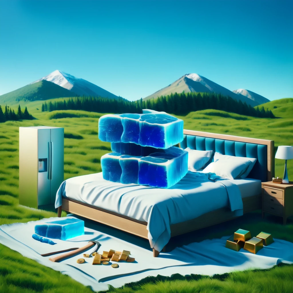 <lora:steak_v1:0.7>,shirt, weapon, outdoors, food, sky, day, cloud, blue sky, pillow, book, no humans, on bed, mountain, fantasy, sand, door, axe, bedroom, landscape, stick, still life, cube, rug, treasure chest, pickaxe, HLSWB, blue jewelry,