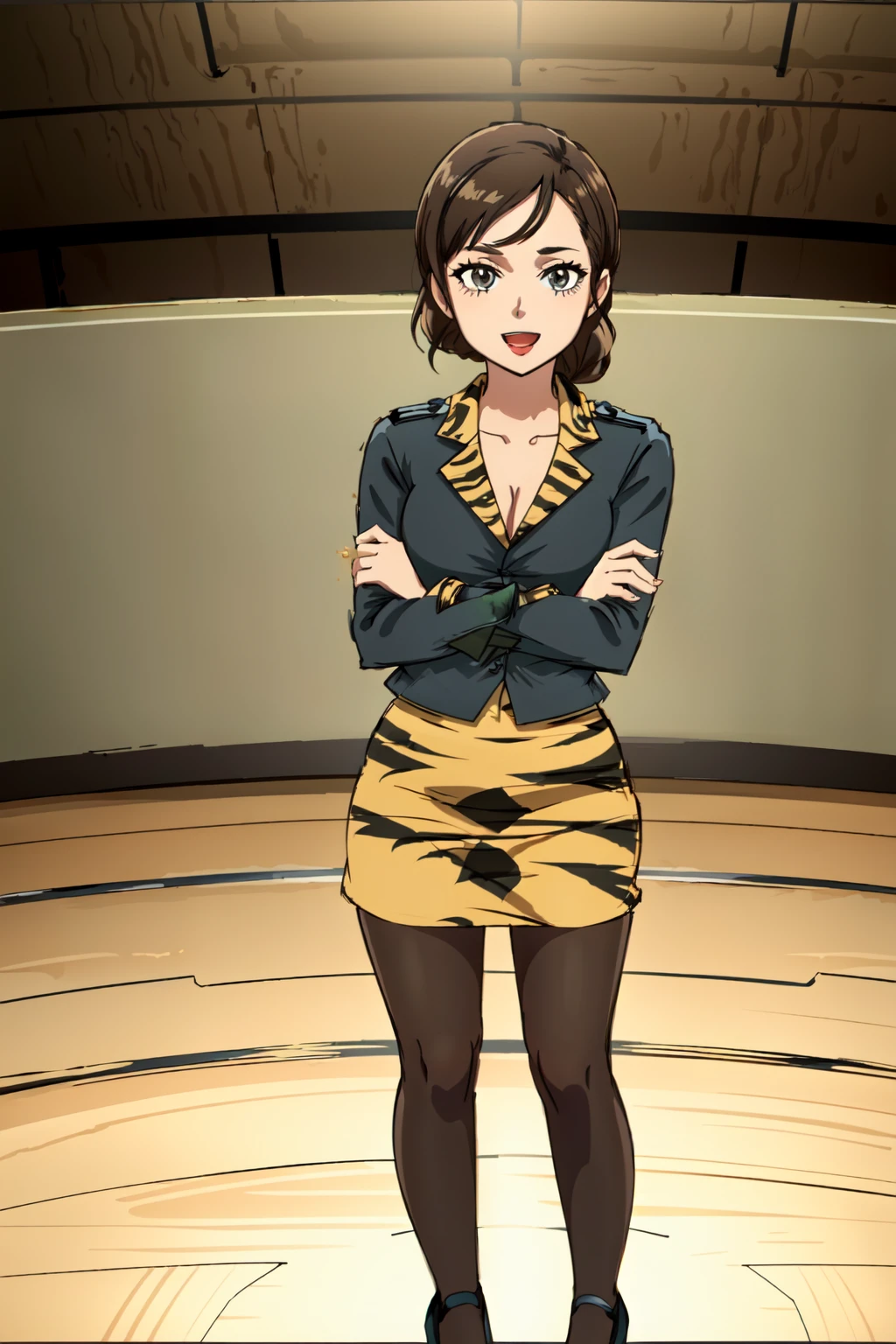 1girl,mariagtaiii,standing,full body,looking at viewer,crossed arms,suit,skirt,pantyhose,high heels,happy,:d,indoors,in office,animal print,concrete,brutalism,cityscape, <lora:MariaGTAIII:0.85>, <lora:LORA-XenoDetailer-v2:0.1>