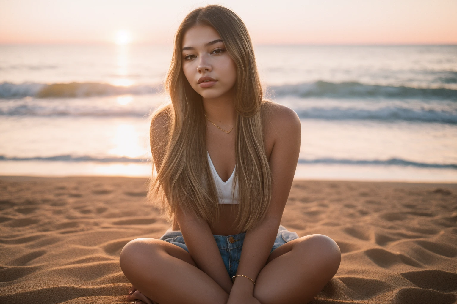 masterpiece, best quality, young woman ohwxmc,long hair, sitting down, shorts,at the beach,golden hour, bokeh <lora:Madelyn Cline:1>