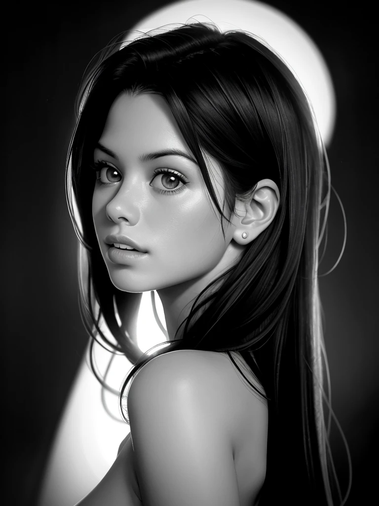 Realistic photo of a beautiful rh0n4m woman, 1girl,solo,long hair,looking at viewer,monochrome,upper body,greyscale,nude,parted lips,teeth,looking back,lips,realistic,nose soft lighting, professional Photography, Photorealistic, detailed, RAW, analog, sharp focus, 8k, HD, high quality, masterpiece<lora:rh0n4m:1.0>