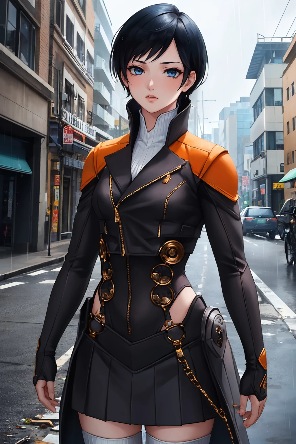 masterpiece, best quality, 1girl, ruined city, rain, sad, looking at viewer, cowboy shot, upper body
<lora:zs_Sera:1> seradds, bodysuit, thighhighs, boots, short hair