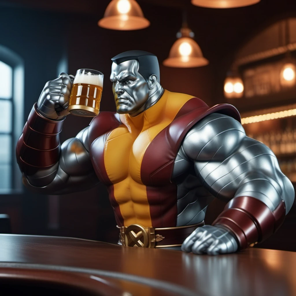 Colossus1024, a muscular metalic man drinking a beer in a pub, highly detailed, photography, ultra sharp, film, bokeh, professional, 64k <lora:Colossus1024:0.8>