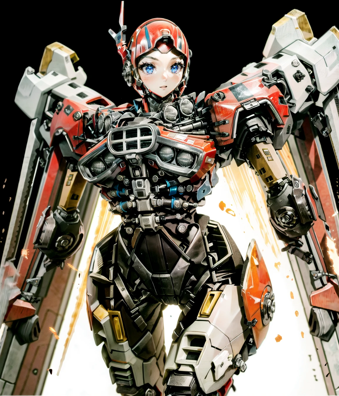 In the best illumination, This exquisite, high resolution photoshot captures the moment when a robot girl is marching. Non-linear, curvy mechanical body is carved in artistic sense. The robot looks very confident at itself, especially about its natural power and ablility to conquer. Her detailed red eyes and beautiful chrome metal face arranged with an artistic precision, is encapsulating the essence of youth and elasticity. Reflectively sparkling titanium skin, covered with delicate components, is highlighting her ravishing female body proportion. masterpiece, a glamour shot of robot, (chrome metal:1.3), (robotic face:1.2), 1other, (shatter(decepticon):1.4), delicate mechanical body, <lora:Shatter-1:0.58>, (ð¤:1.2), bumblebee \(film\), transformers \(live action\), reflective sheen, android, beautiful face, mechanial wings, (robot joints:1.3), curvy, arm cannon,