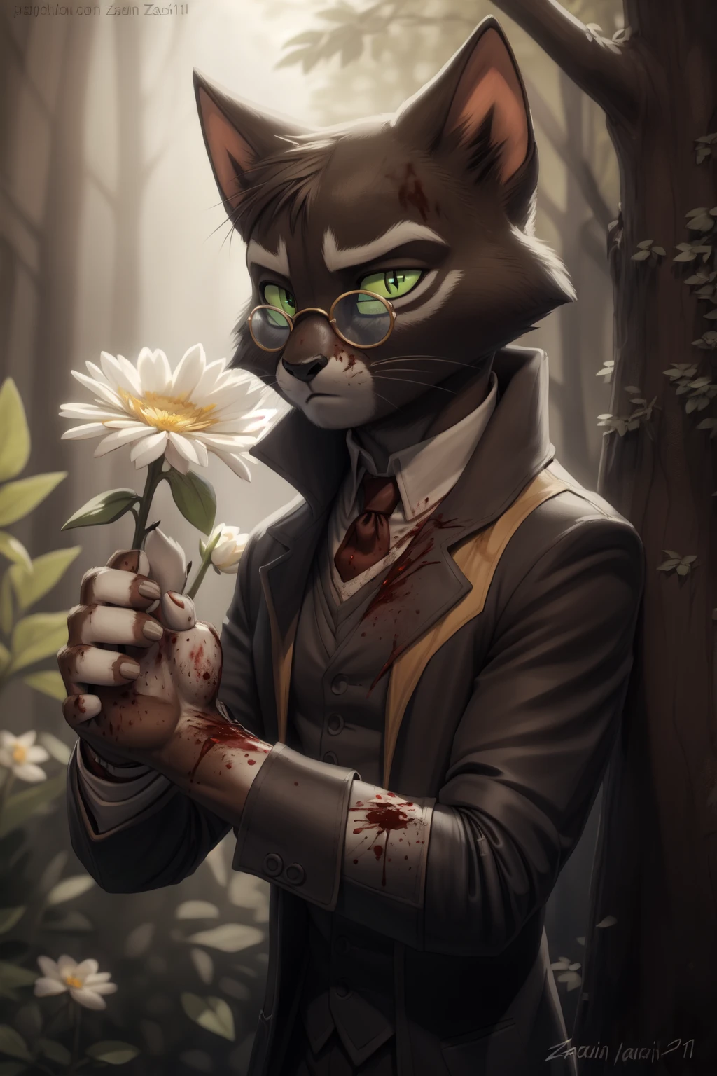 <lora:mordecai-09:0.9>, mordecaiheeler, solo, green sclera, (posing:1.3), (soft shading), 4k, hi res, five fingers, detailed hands, ((detailed face, (detailed eyes, brown), detailed)), by zackarry911, by zaush, (by personalami:0.5), solo, 1boy, flower, greyscale, male focus, glasses, blood, mask, spot color