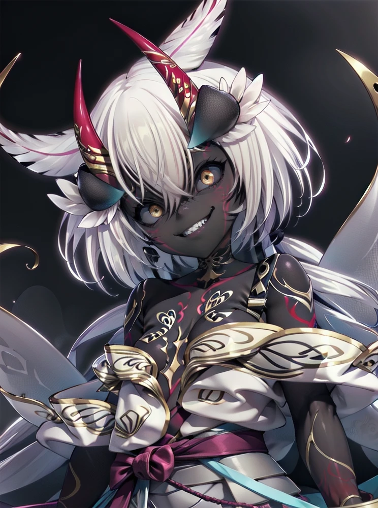 masterpiece, <lora:ageha_v3b:0.7>, oniageha, dark skin, yellow eyes, outdoors, upper body, caustics, grin, from below,