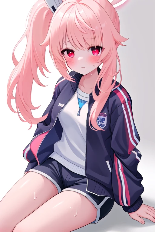 best quality, masterpiece, highres, solo, {youniaonatsu:1.15}, halo, pink_hair, long_hair, side_ponytail, ahoge, red_eyes, blush, bangs, serafuku, hair_ornament, 1girl, jacket, long_sleeves, simple_background, track_jacket, white_background, looking_at_viewer, multicolored_jacket, official_alternate_costume, shorts, sitting, sweat, two-tone_jacket