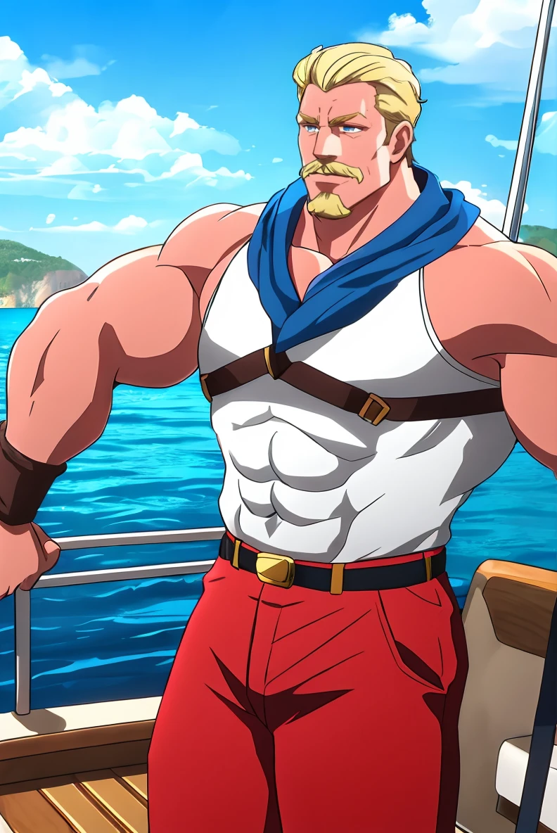 (RAW photo), <lora:Captain Tenille:0.5>, captaintenille, muscular dilf, boat deck, blond hair, short hair
