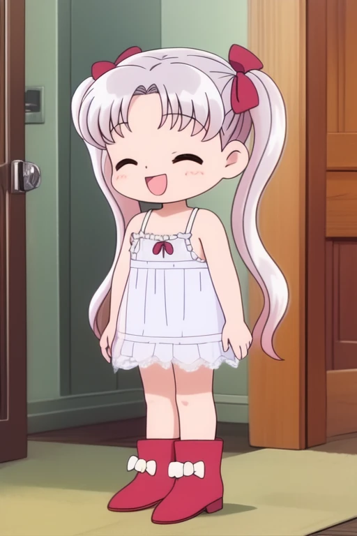 <lora:Silver_Oujo:0.8>SilverOujo, 1girl, solo, twintails, closed eyes, long hair, smile, bow, chemise, standing, open mouth, boots, hair bow, indoors, full body, red footwear, :d
castle in the room, 1girl, soro, chibi, 
masterpiece, high quality, very_high_resolution, large_filesize, full color, 1990s \(style\), anime, anime_screencap, animated gif, mp4 ,video, animated,