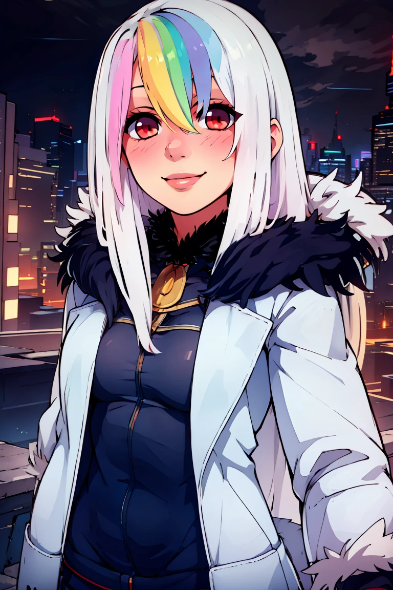 ((masterpiece,best quality)), absurdres, <lora:Roxy_Citron_OC_AnyLora:0.8>, Roxy_Citron_OC,  1girl, solo, red eyes, white hair, rainbow hair, long hair, streaked hair, hair between eyes, smile, (fur coat:1.5), cowboy shot,