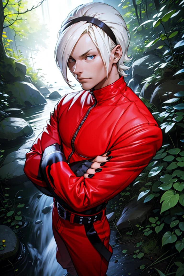 (masterpiece,  best quality:1.2),   ,  (depth of field:1.1), AshCrimson,  1guy,  blonde hair,  hair band,  red jacket,  red bodysuit,  red pants,  belt,  fingerless gloves,  nail polish,  full body,  crossed arms, waterfall,  masterpiece,  highness,  perfect face,  perfect picture,  sharp focus,<lora:EMS-253809-EMS:1.000000>