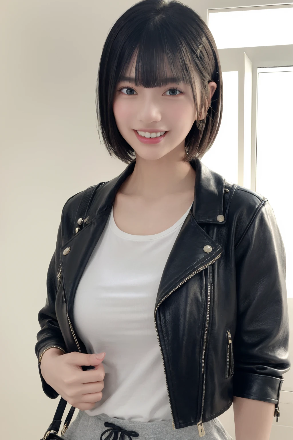 <lora:HinanoV01:1>, 1girl, short hair, bangs, small breasts, light smile, best quality, masterpiece, illustration, realistic, photo-realistic, amazing, finely detail, incredibly absurdres, huge filesize, ultra-detailed, highres, extremely detailed CG unity 8k wallpaper,leather jacket,sweatpants,handbag,, upper body,