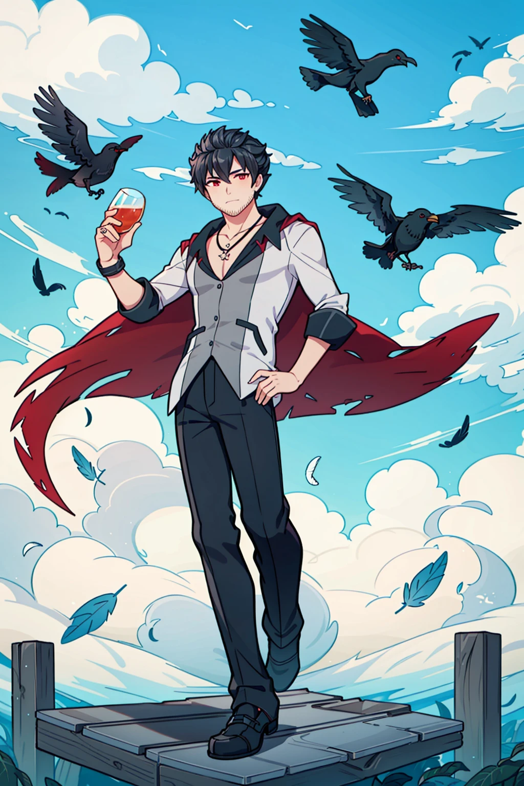masterpiece,best quality,extremely detailed,(solo), mature male, <lora:RWBYQrow-05:1>,strqrow,(qrow branwen), red eyes, black hair,cape, shirt, vest, pants, stubble, full body, outdoors, shoes, feathers floating,crow, holding alcohol,