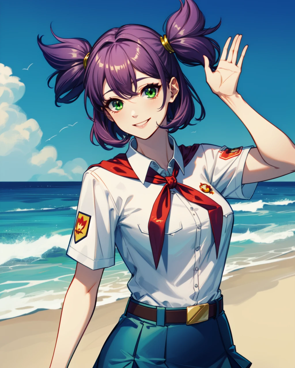 masterpiece, high quality, 1girl, bllena, medium shot, upper body, green eyes, purple hair, twintails, white shirt, red badge on shirt, red bow-tied neckerchief, leather belt, blue skirt, yellow hairpin, (dynamic pose), smile, outdoors, beach, <lora:bllena-000006:0.75>, <lora:add_detail:0.5>